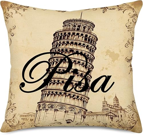 Miniatura 4 de Paquete de 4 fundas de cojín de lino y algodón de construcción de fama mundial, Londres, París, Pisa, Roma, patrón vintage, fundas de almohada