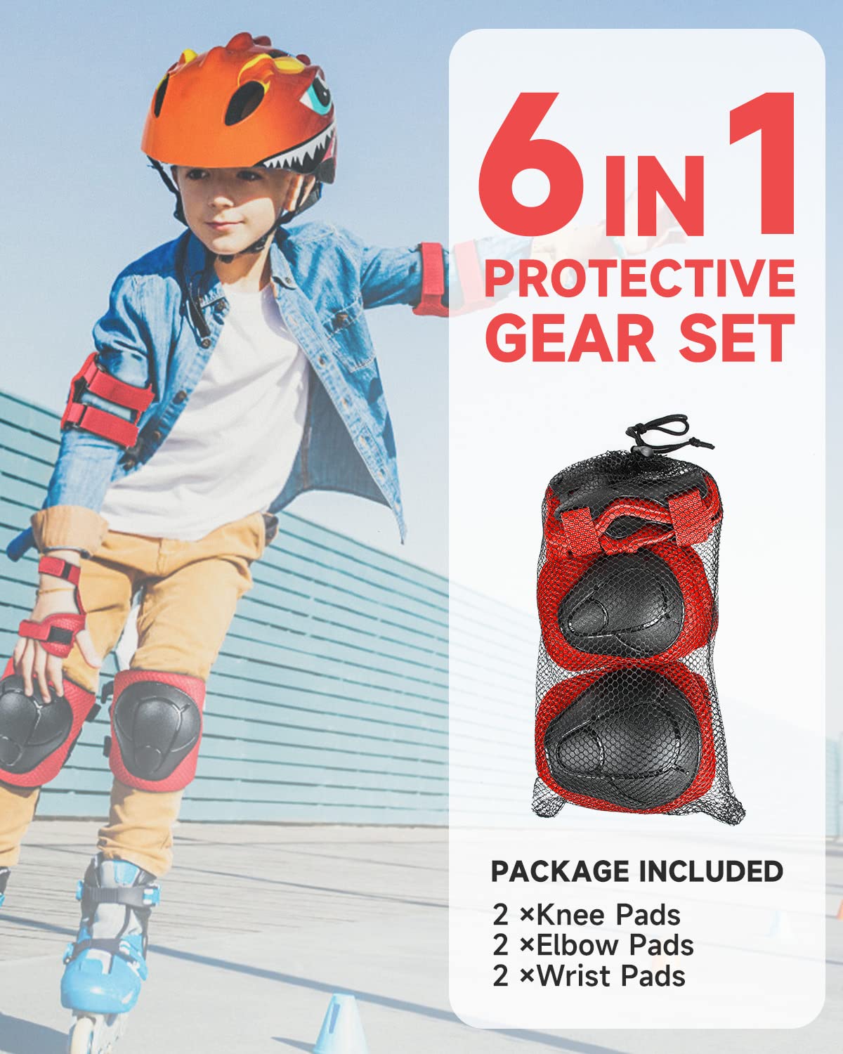 VICTGOAL Protezione Kit per Bambini, 6 Pezzi Protezioni Regolabili Ginocchiere Gomitiere e Protezioni per il polso per 3-8 anni, Adatto per Pattini a Rotelle Skateboard Ciclismo