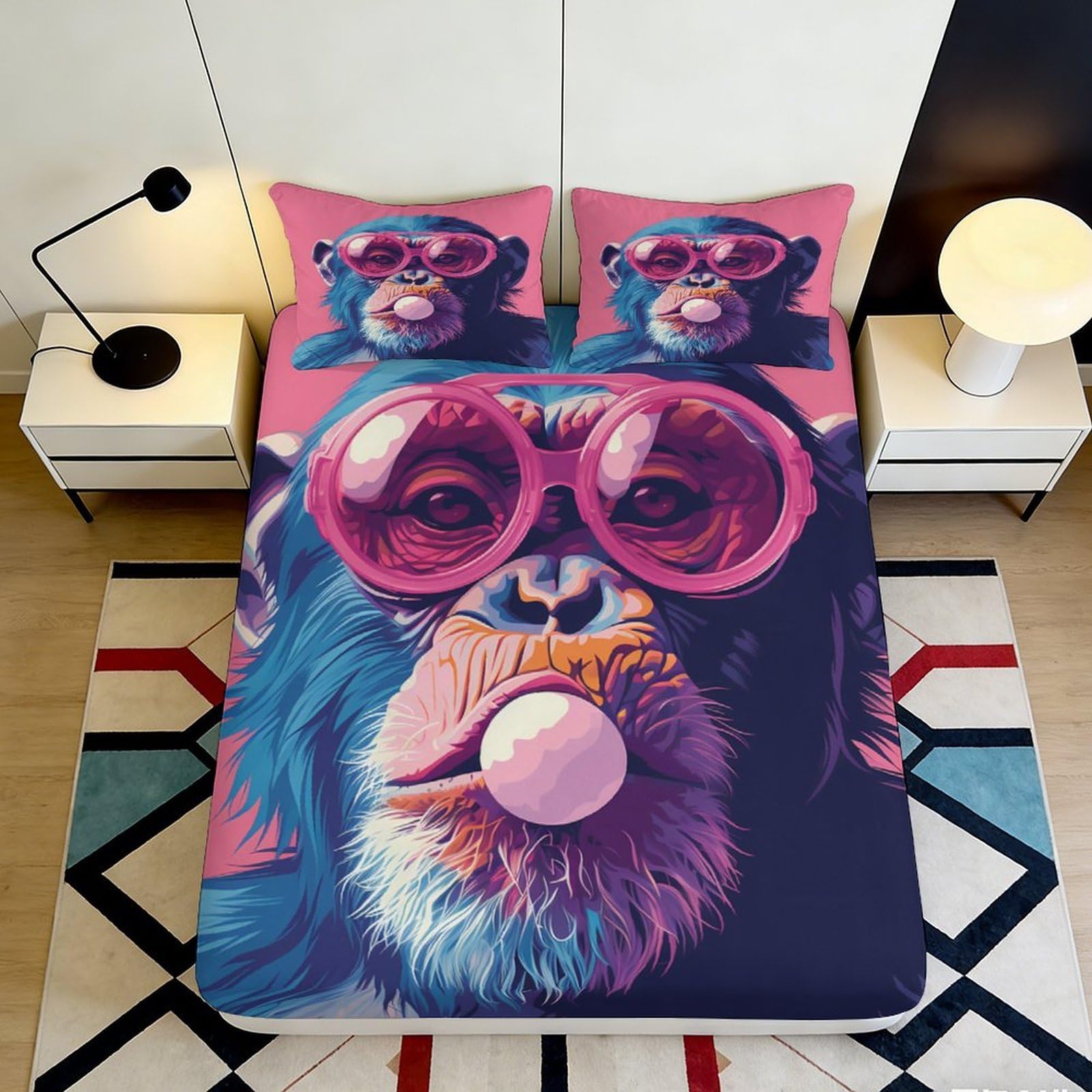 Jqzkxnhpbr Style-6 3D Printed Funky Monkey Fitted Sheet Microfiber Colourful Bubble Gum Bed Cover For Bedroom Dorm Mattress Decor 90X200x25cm