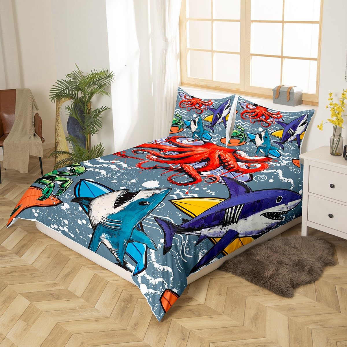 Feelyou Shark Themed Duvet Cover Set - Under Sea Animals Bedding For Kids Boys Girls, Toddler To King Sizes - View #11