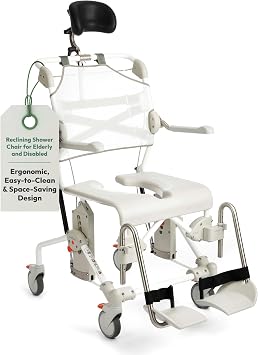 Etac Swift Mobil Tilt-2 Shower Commode Chair - Reclining Shower Chair for Elderly and Disabled, 353 lbs Weight Capacity - Adjustable Armrests & Headrest for Comfortable Bathing & Toileting - White