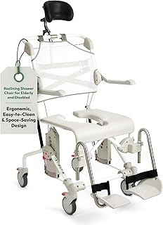 Etac Swift Mobil Tilt-2 Shower Commode Chair - Reclining Shower Chair for Elderly and Disabled, 353 lbs Weight Capacity - Adjustable Armrests & Headrest for Comfortable Bathing & Toileting - White