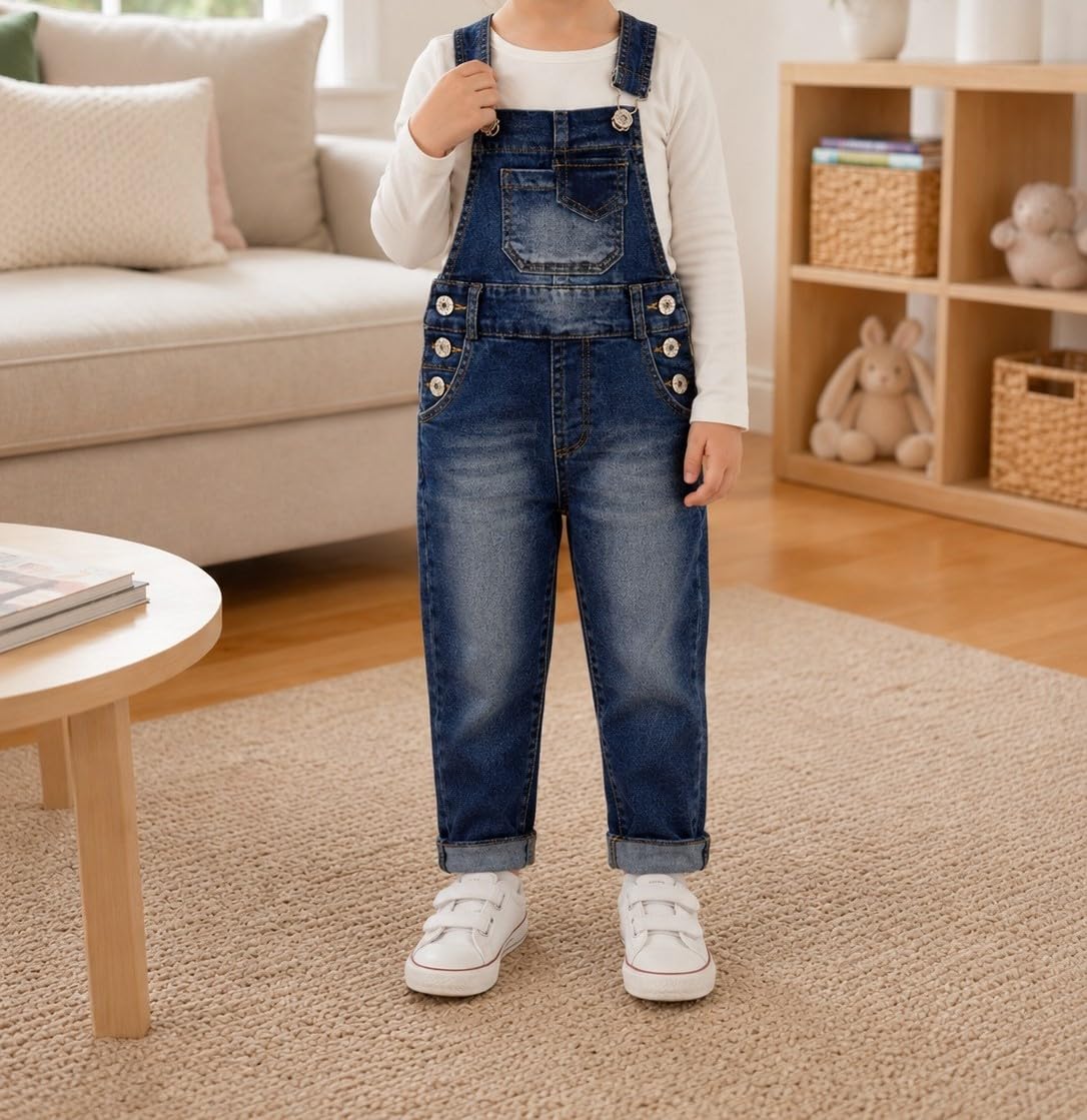 KIDSCOOL SPACE Overol de mezclilla para niñas pequeñas, lavados, rasgados, holgados, ropa de trabajo