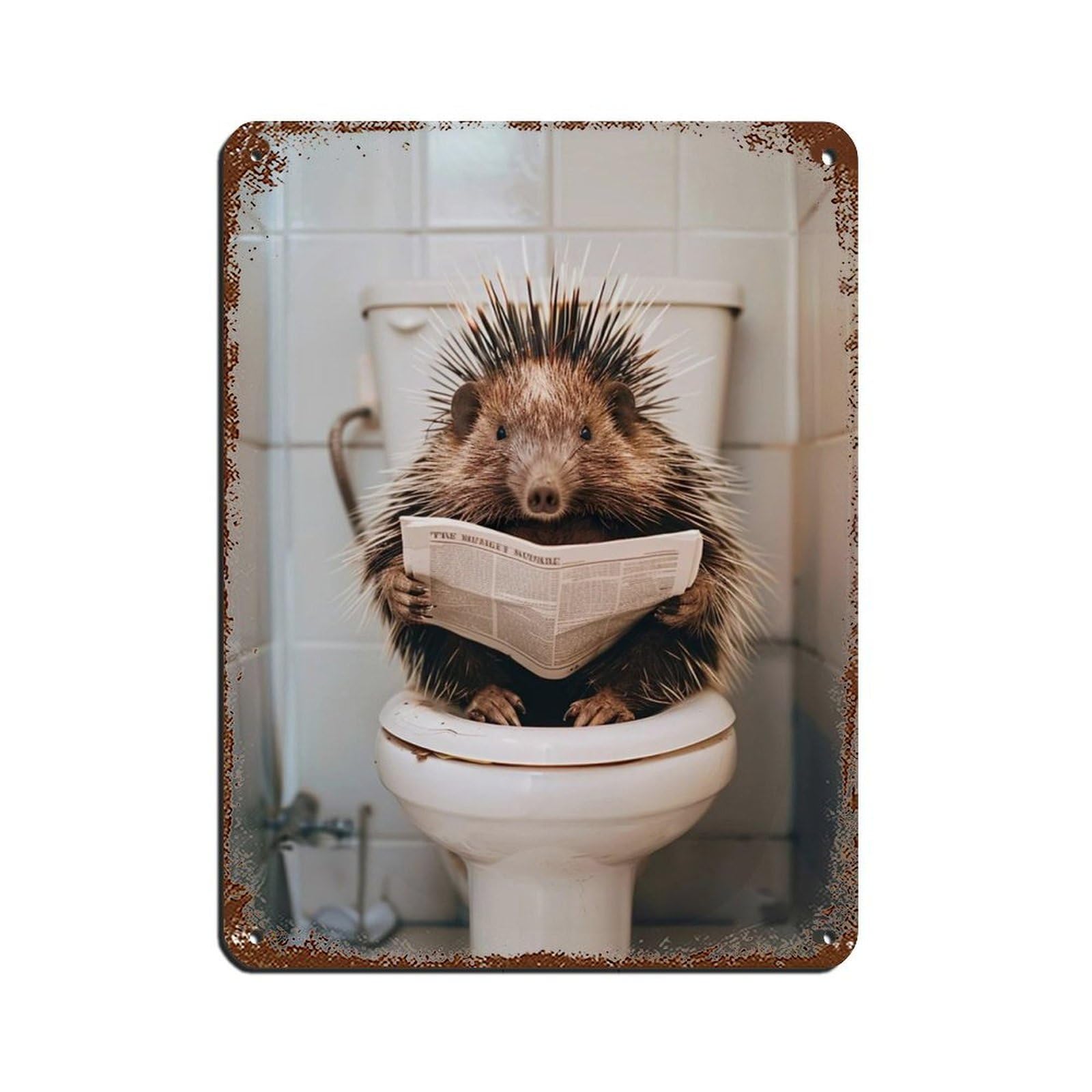 Porcupine Sitting on The Toilet Reading A Newspaper (12) Retro Poster Metal Tin Sign Chic Art Retro Iron Painting Bar People Cave Cafe Family Garage Poster Wall Decoration 12x16inch(30x40cm)