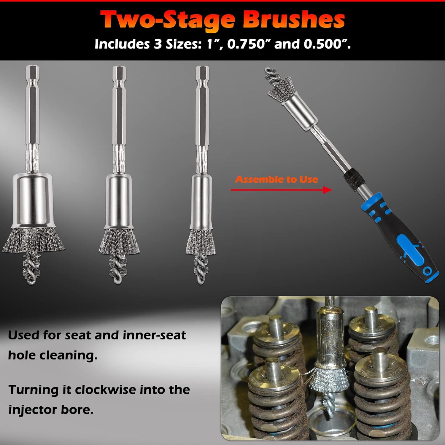 Professional Diesel Injector-Seat Cleaning Kit 8090S on Cylinder Heads, Including Helix Brushes, Two-Stage Brushes, Bore Brushes and Swabs (Stainless Steel, 17-Pack)
