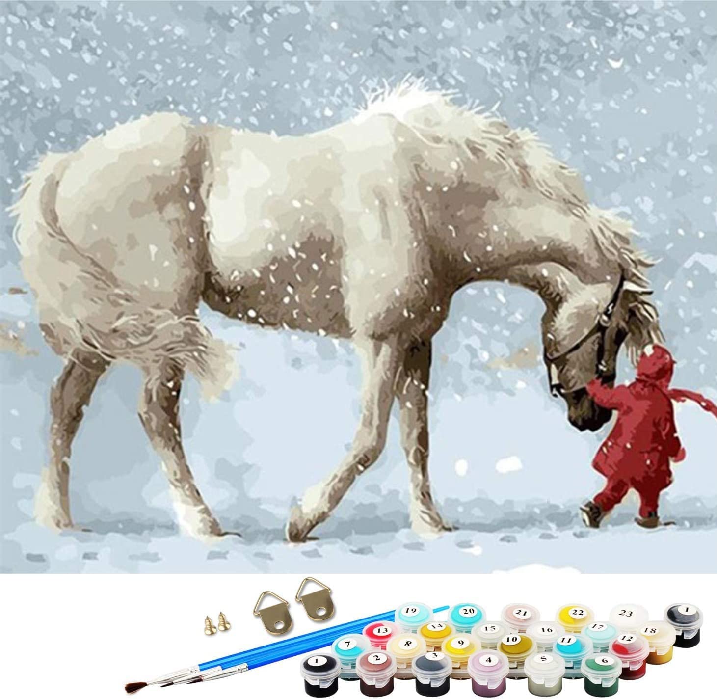 Abeuty Clear Diy Fabric Decorating Kits, Paint By Numbers Horse In The Snow 16X20 Inches Number Painting Wall Art (No Frame)