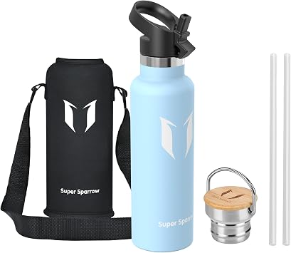 Sparrow Insulated Water Bottle W/Straw -Metal Water Bottles-500ml&750ml&1L | Stainless Steel Drinks Bottles, Leakproof, Dishwasher Safe,Cold & Hot,BPA-Free,TwistTrail Flask W/ Straw Lid, Loop Cap & Bag