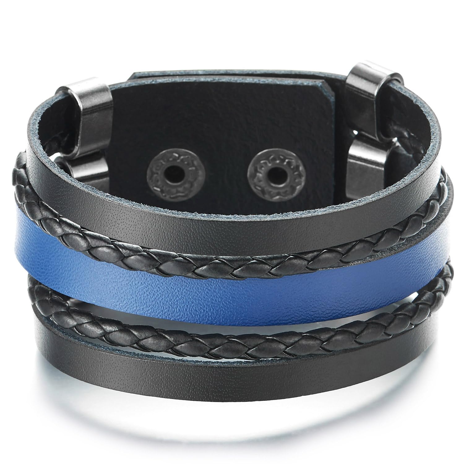 COOLSTEELANDBEYOND Multi-Fila Cuoio Braccialetto Blu Nero, Uomo Donna Largo Intrecciato Cuoio Avvolgere Bracciali, Minimalista