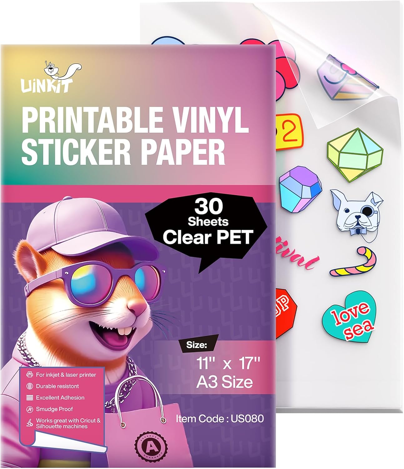 Uinkit 30 Sheets Premium 100% Clear Printable Vinyl Sticker Paper Durability Adhesive Paper 11 x 17,