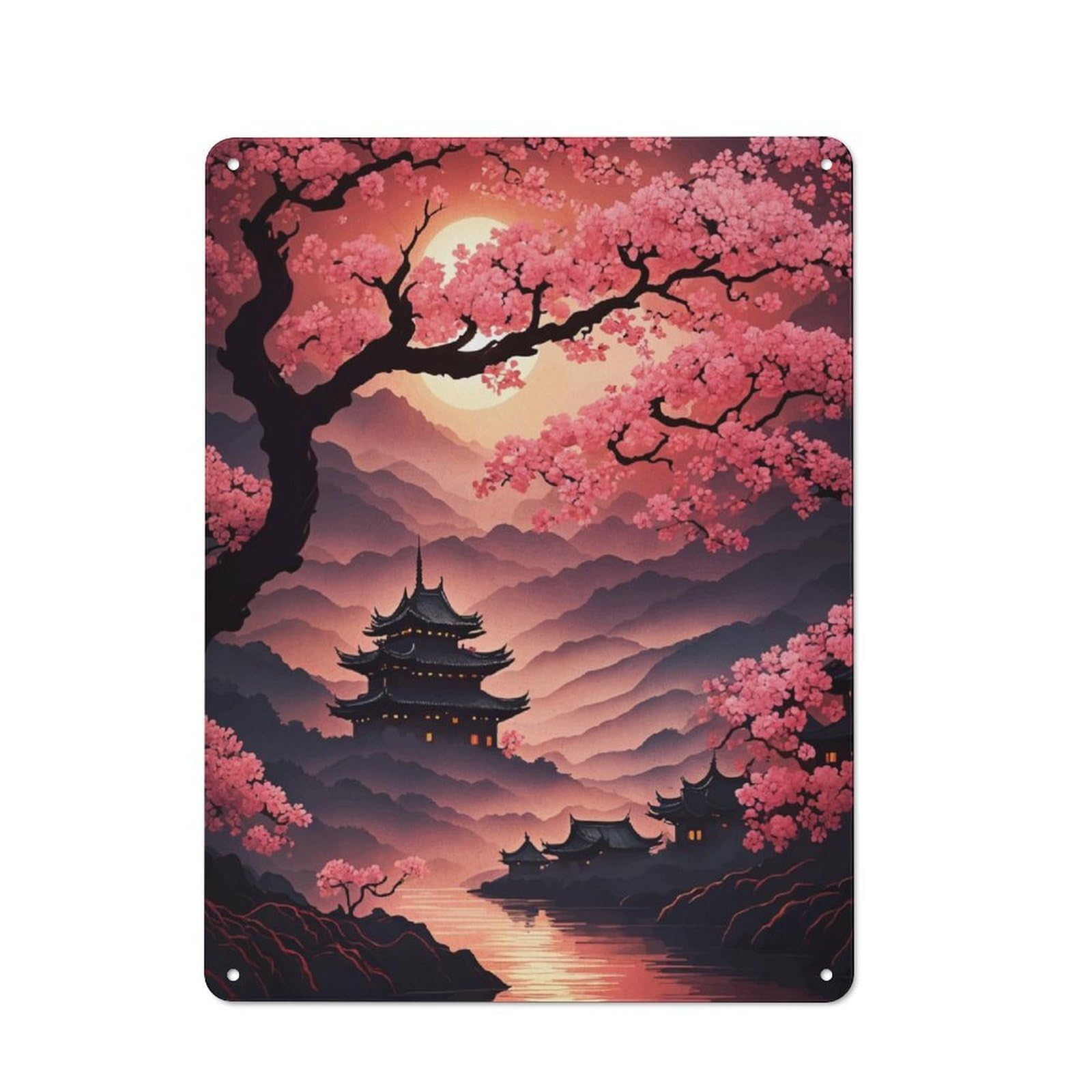 Junmoney Japanese Cherry Blossom Tin Wall Plaque 40X30cm With For Studio Or Craft Room, For Metal Sign Collectors, For Kitchen And Home Bar Decor