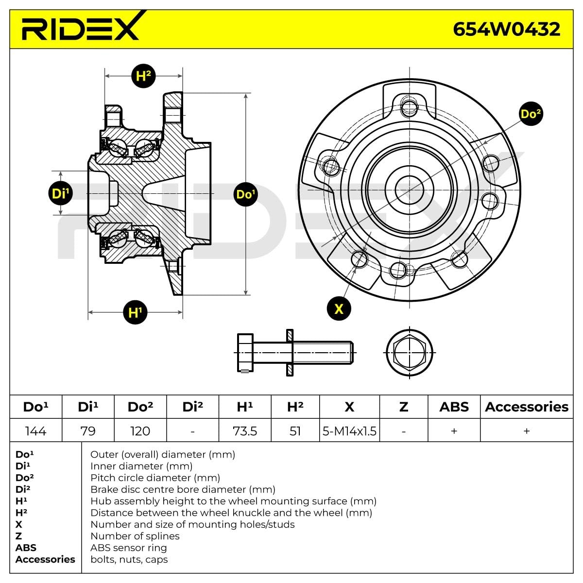 RIDEX 654W0432 Juego de cojinete de rueda Delantero, ambos lados con tornillos Compatible con BMW 5 Sedán E60