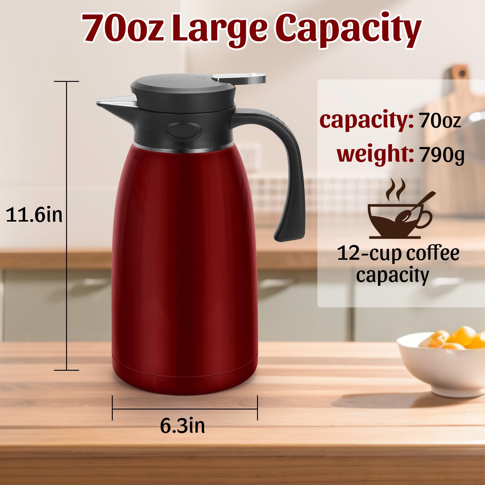 Jarra térmica de café de 70 onzas, termo de acero inoxidable de 2 litros para bebidas calientes, jarra al vacío de doble pared para líquidos calientes, termo de té grande para el hogar, escuela,