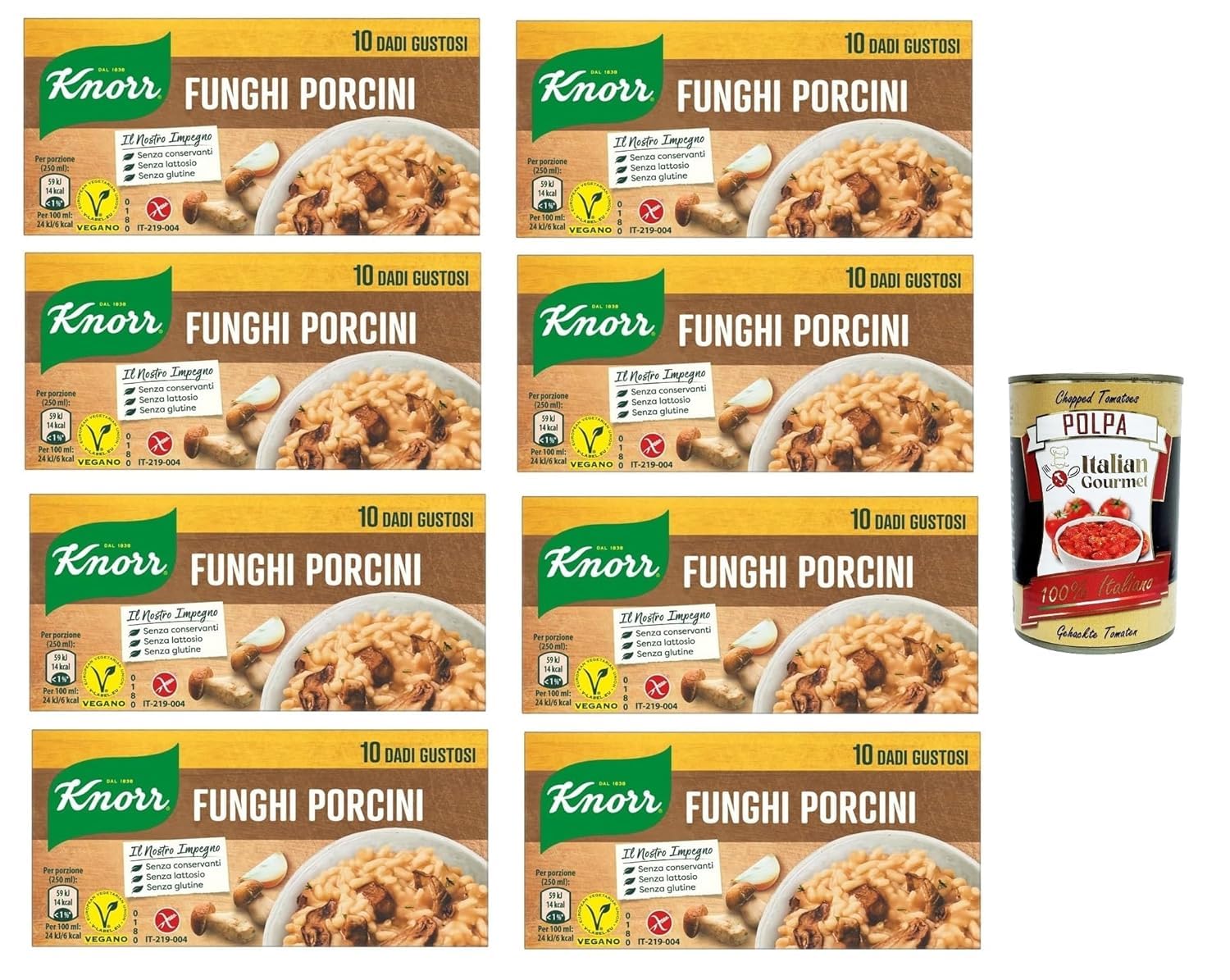Italian Gourmet Bundle 8 x 100 g bouillons cubes aux cèpes, Knorr Funghi Porcini 10 cubes par boîte, assaisonnement pour bouillon et cuisine, sans gluten, sans lactose, vegan + Italian Gourmet Polpa