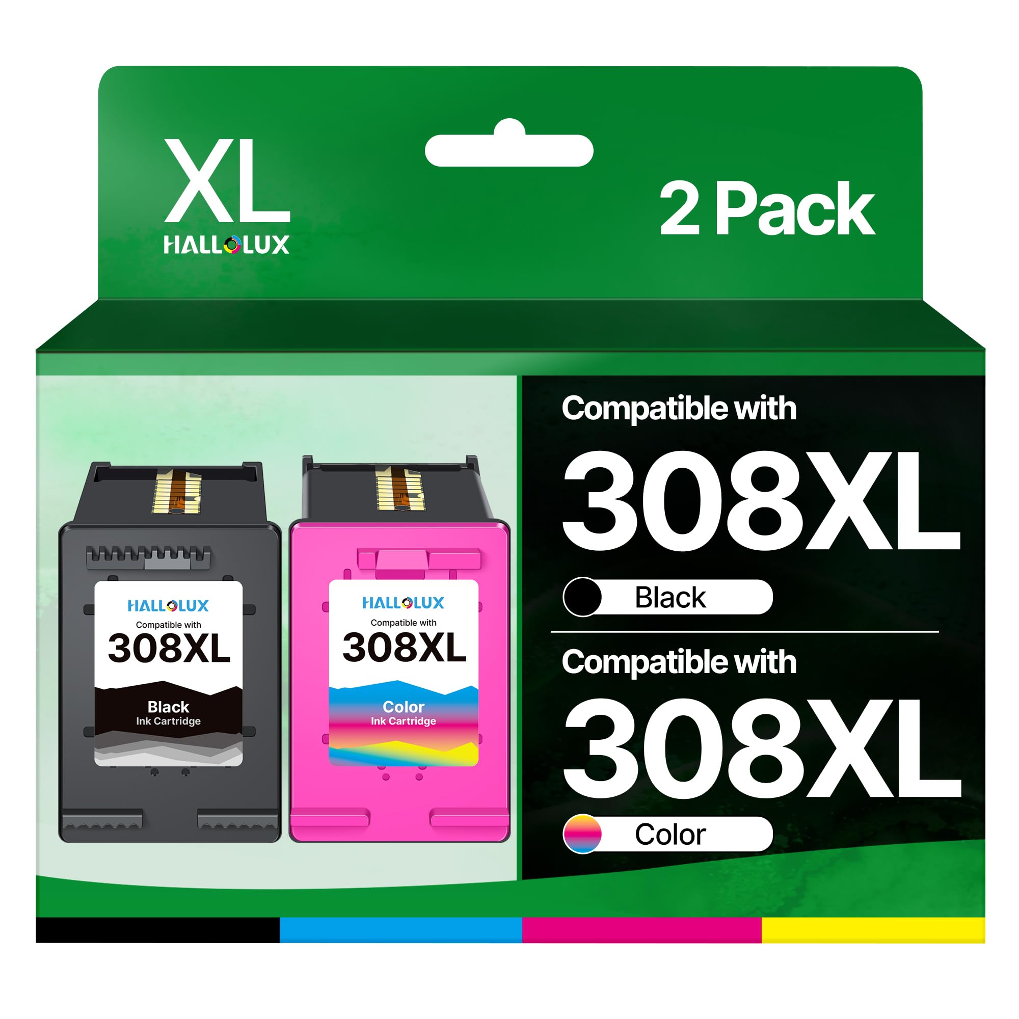 HALLOLUX 308XL - Cartuchos de tinta negra y de color compatibles con impresoras HP 308e 308 para impresoras HP Envy 6120 6520 6110e 6120e 6122e 6130e DeskJet 2910 2920 4320 (1 negro, 1 tricolor)