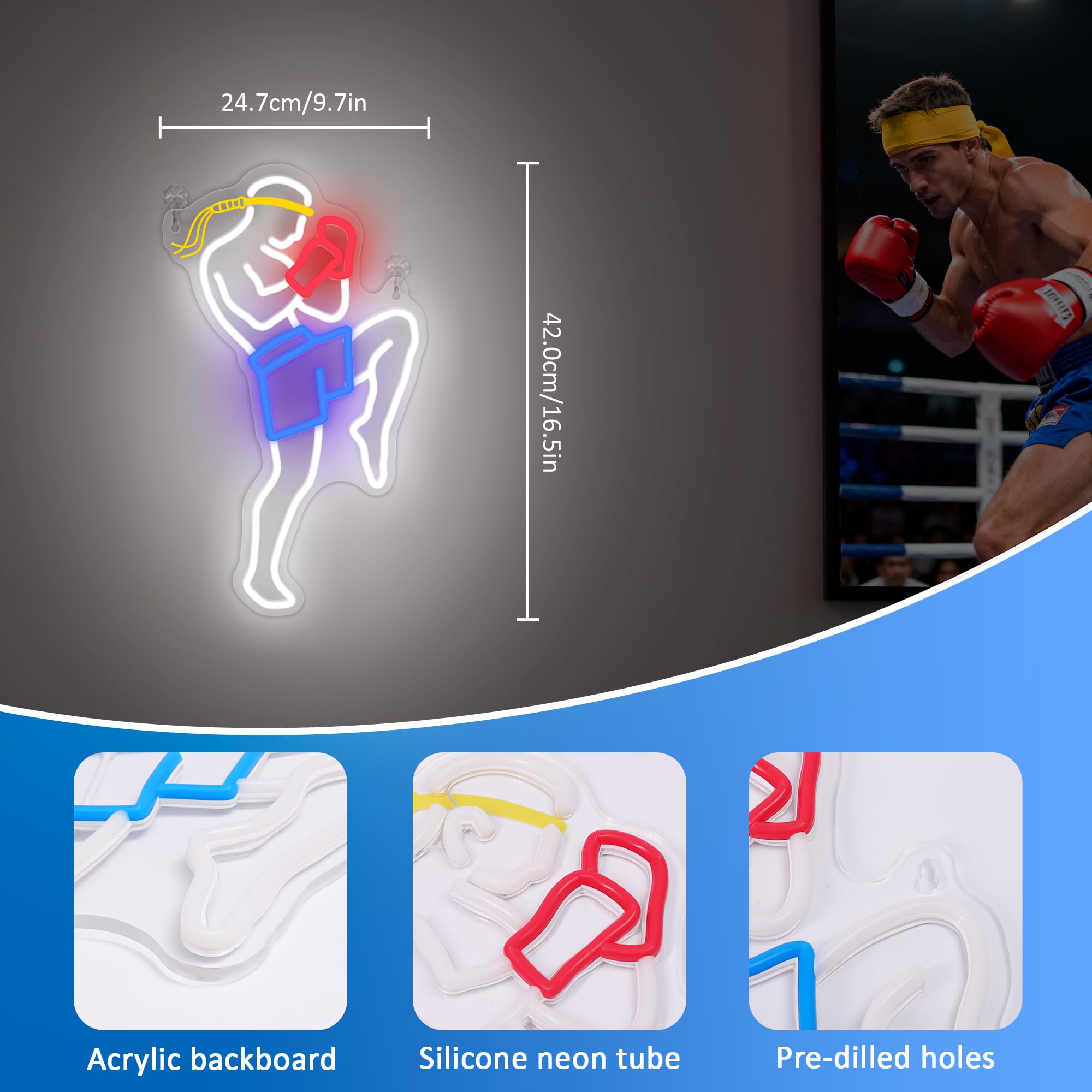OkiyiD Insegna al neon Muay Thai per uomini, arti marziali, decorazione da parete a tema sport di combattimento, decorazione per stanza con alimentazione USB e catena da appendere, regalo ideale per