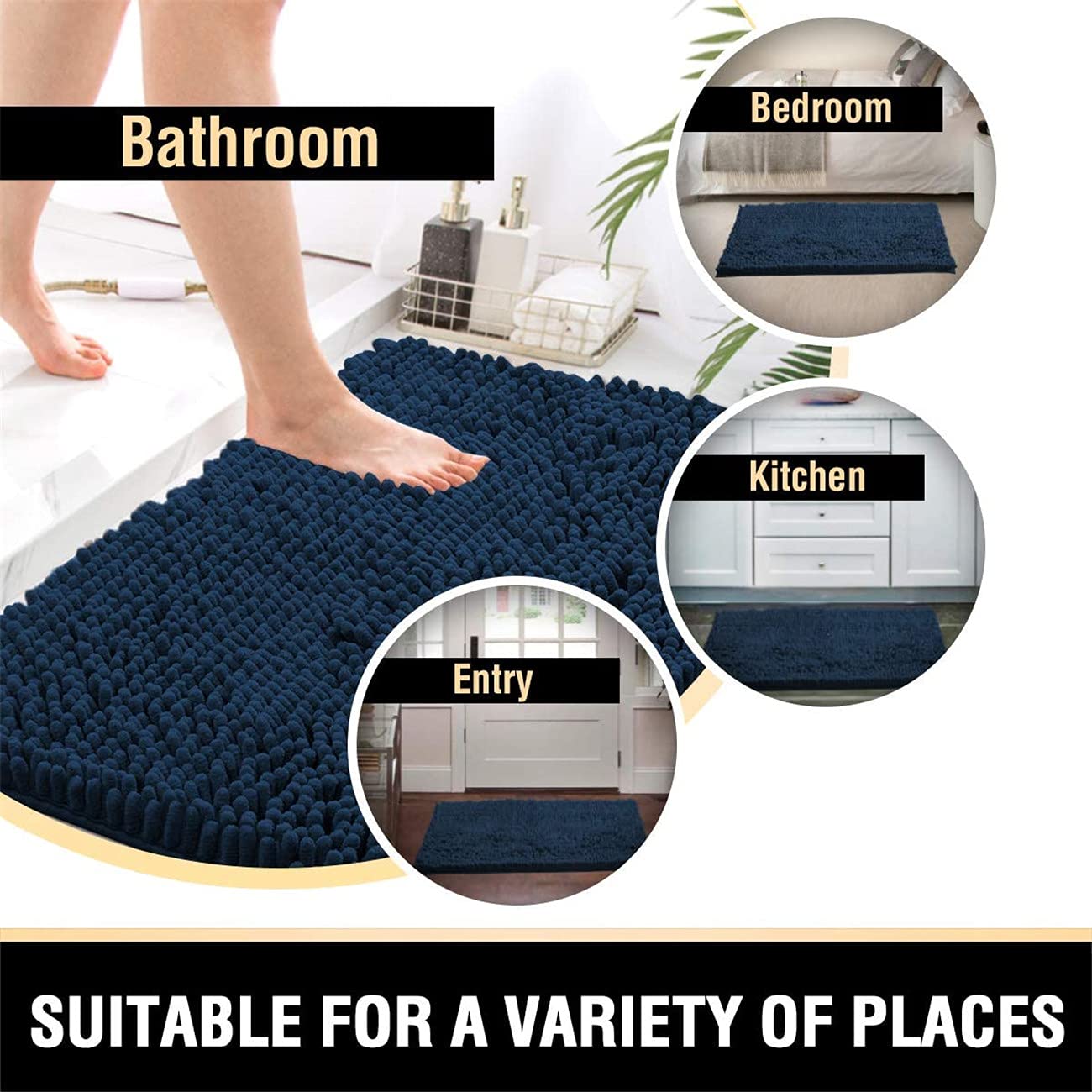 Tapis de bain antidérapant en microfibre doux, lavable en machine, pour décoration de salle de bain, 120 x 43 cm, bleu marine