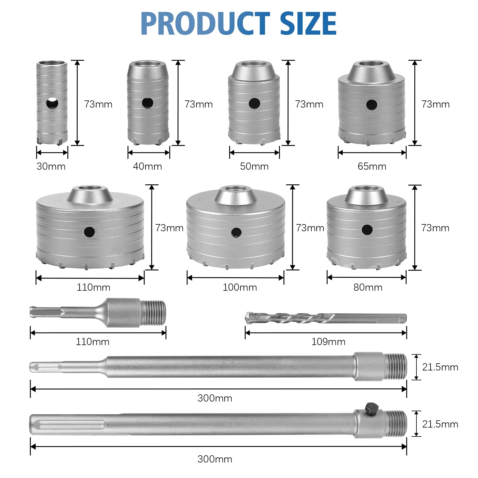 EXLECO 16 pcs Carotatrice Muro set Carotatrice a Tazza per Muro Sega a Tazza Fresa a Tazza, 7 Punte Cave 30 40 50 65 80 100 110mm con 100mm 300mm SDS Plus & SDS Max 6 Punta Centraggio