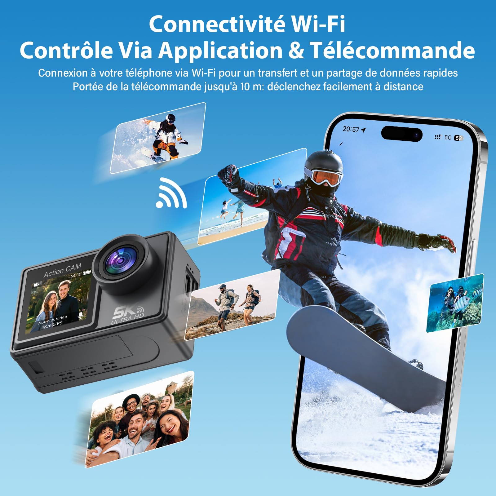 Caméra Sport 5K/4K 60FPS 50MP, Camera Étanche 30M, Caméra d'Action avec 64GB Carte, Stabilisation EIS, WiFi, Grand Angle 170°, Appareil Photo Etanche, Camera Casque pour Moto Plongée Vélo Vlog