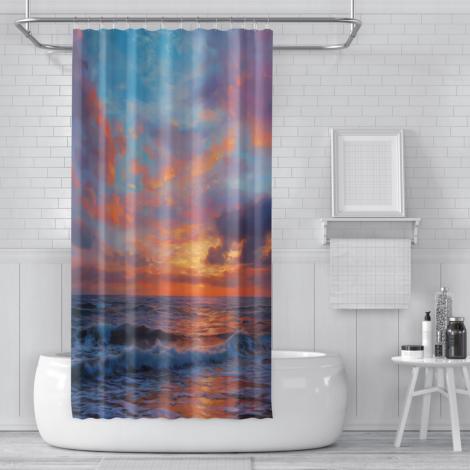 Cortina de Ducha con Diseño de Olas del Océano Bajo Un Cielo Azul y Naranja,Duradera y Lavable a Máquina para Baño de Hotel,200Anx200Alcm (1 Panel).