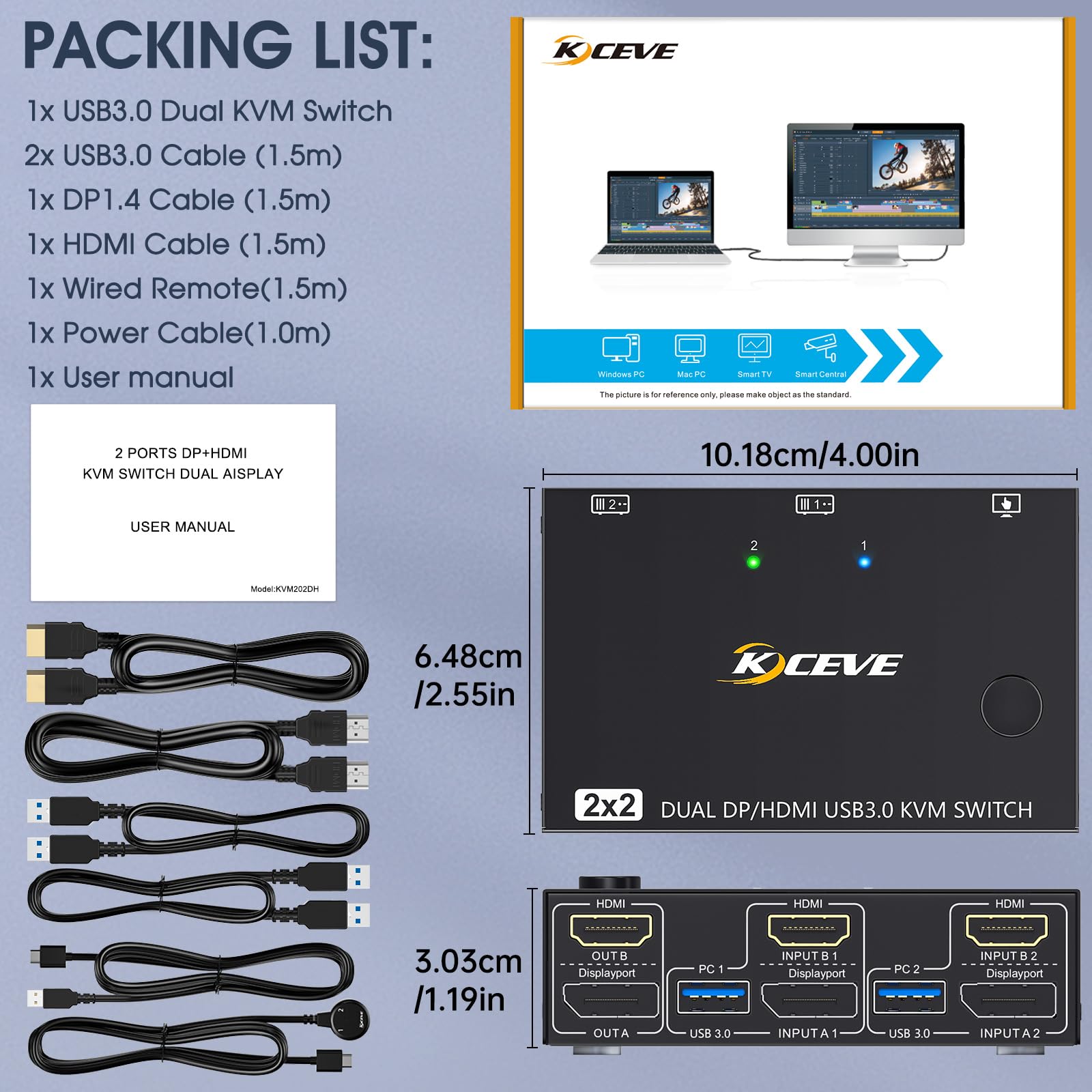 Commutateur KVM 2 moniteurs 2 ordinateurs Displayport HDMI 4K @ 60 Hz, MLEEDA Commutateur KVM double moniteur avec 4 ports USB 3.0 pour clavier, souris, imprimante, télécommande filaire et câbles USB
