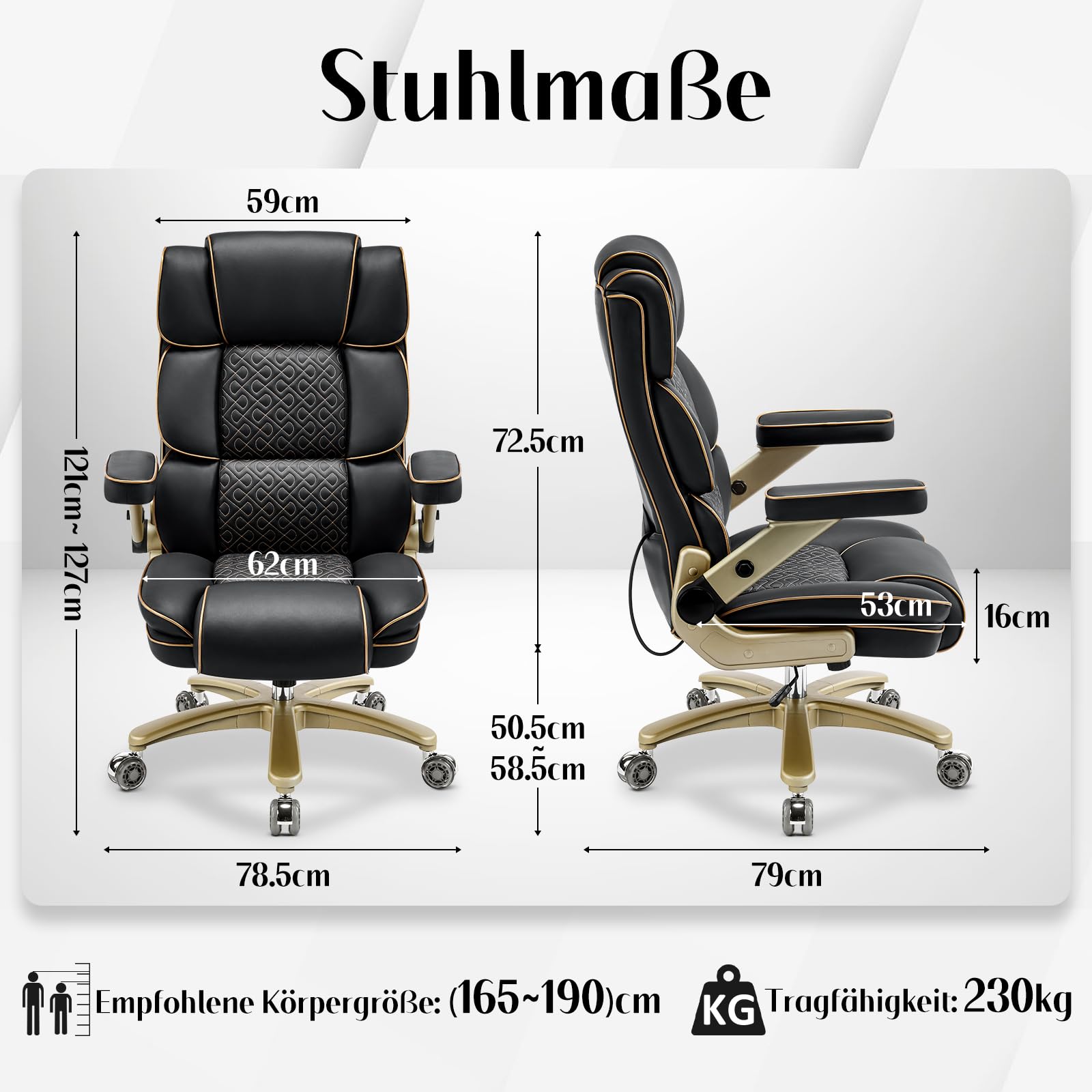 Big and Tall Bürostuhl 230kg, Ergonomischer Chefsessel aus Leder mit Komfortsitz, 5D Armlehnen, Verstellbarer Lendenstütze, Hoher Rücken, Großer Drehstuhl für Home Office, Schwarz
