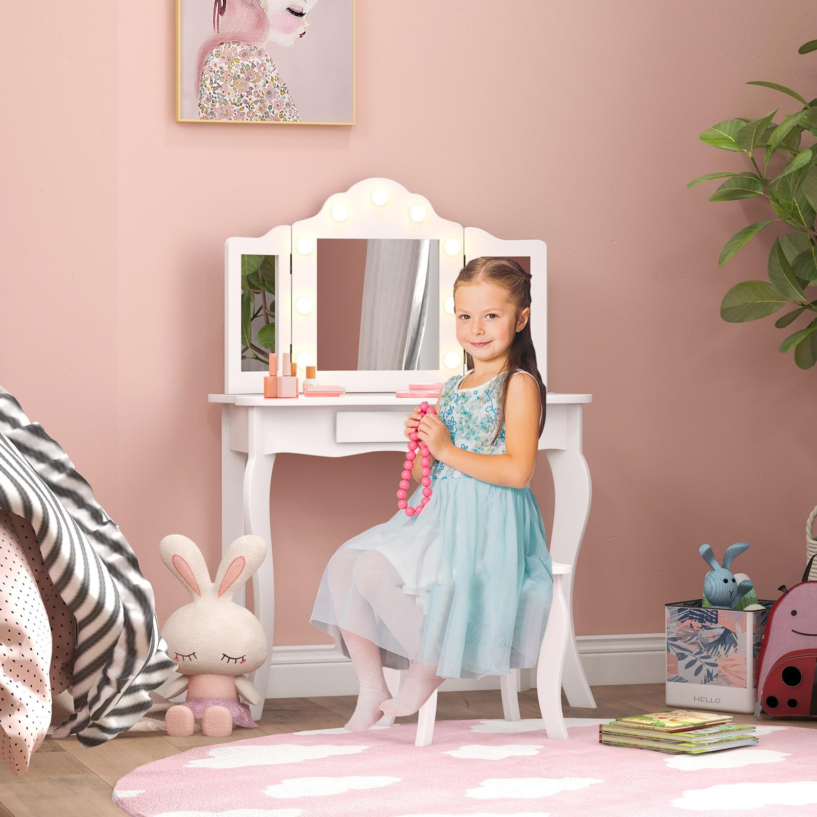 LIFEZEAL toeletta 2 in 1 per bambini con sgabello e cassetto, tavolo da trucco BIMBI con triplo specchio e 9 luci a LED in 3 modalità, antiribaltamento per Ragazzi dai 3 anni in su (Bianco)