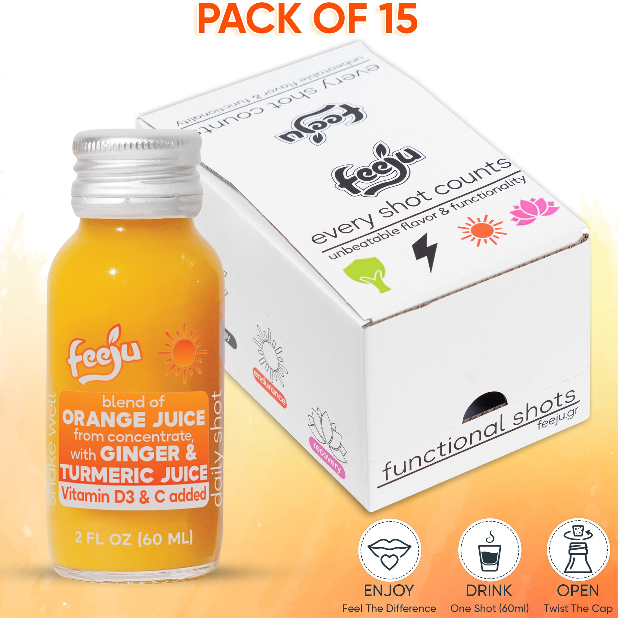 Feeju 15 PCS Orange Ginger Turmeric Shots 60ml | Immune Support & D3 — Amazon image 7