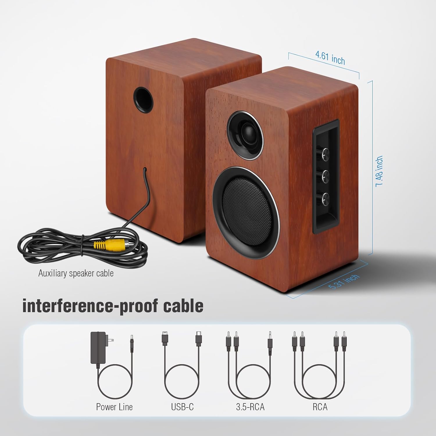 Computer Speakers for Desktop PC, Active Bookshelf Speaker with 3‘’ Carbon Fiber Woofer and Silk Film Tweeter ,Supports Bluetooth 5.3, USB-C, AUX/RCA Input for Record Player TV - Brown Stereo Set - Image 7