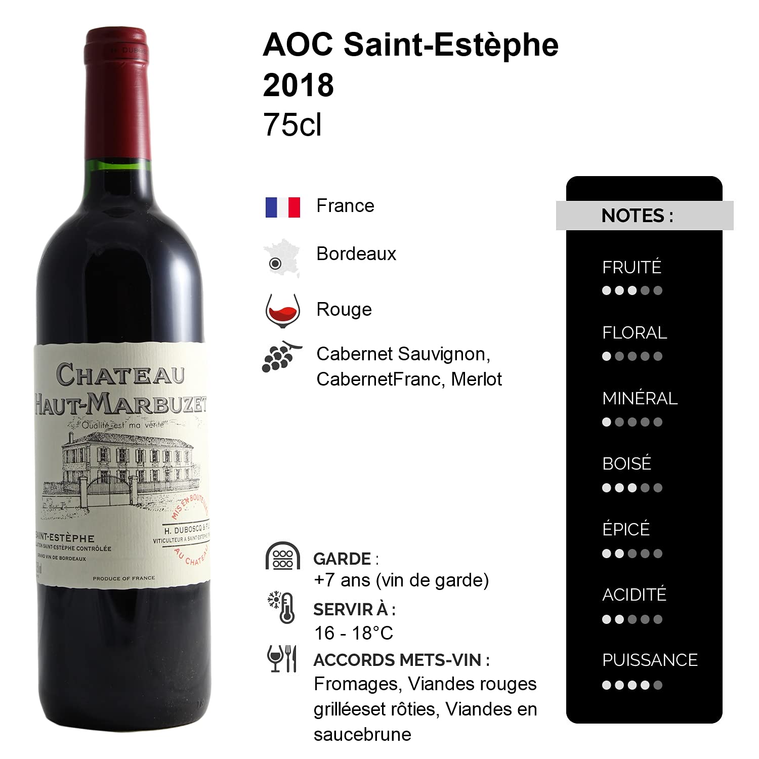 Château Haut-Marbuzet Saint-Estèphe - Rouge 2018 - Vin Rouge de Bordeaux (3x75cl)
