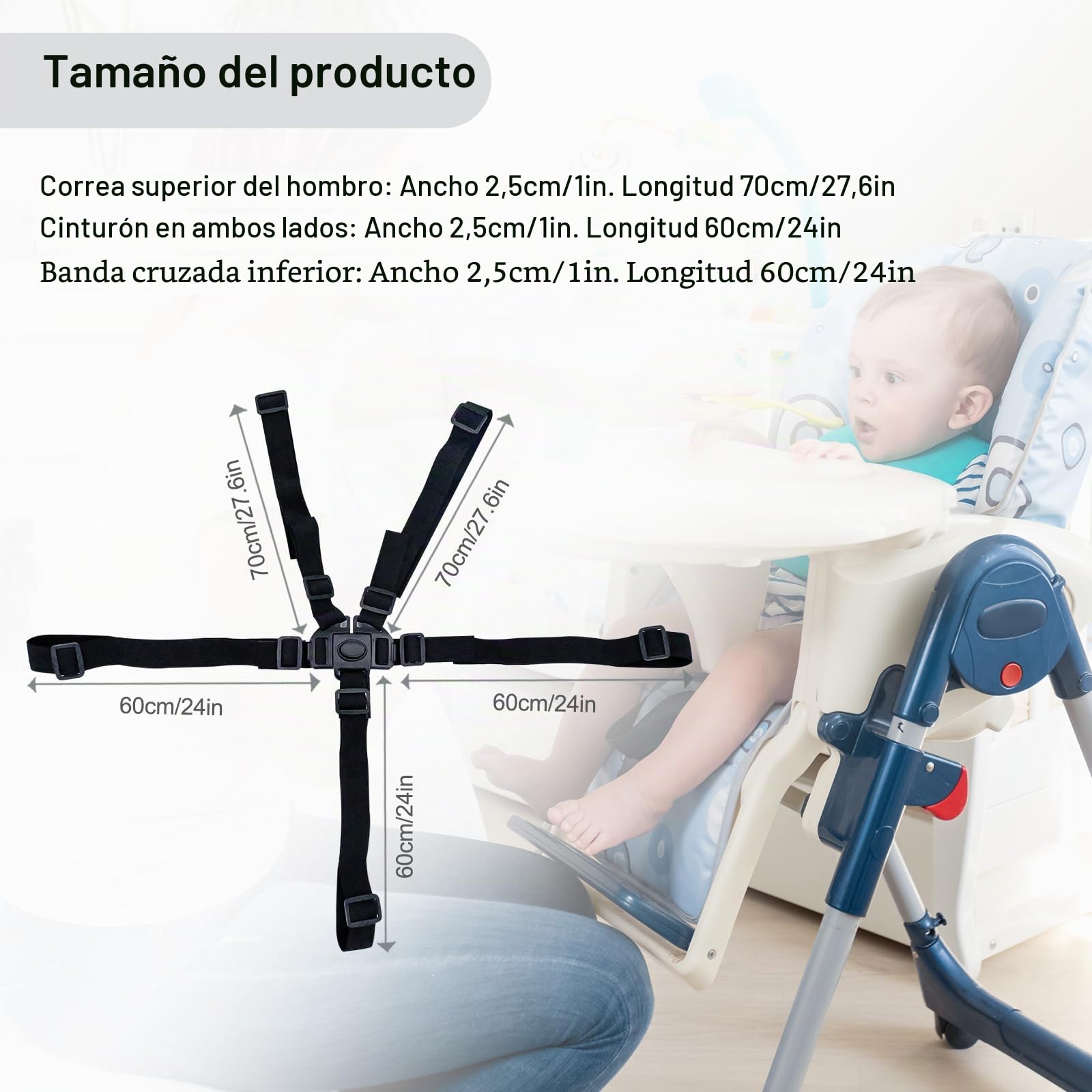 Cinturón de seguridad de 5 puntos, cinturones de seguridad de repuesto para cochecito de bebé, trona ajustable, cinturones de seguridad para silla de paseo y trona (negro)