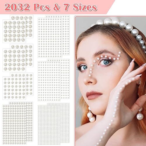 Miniatura 10 de 2032 piezas de gemas y perlas de pelo autoadhesivas, perlas faciales y calcomanías de joyas para maquillaje, manualidades, decoración del hogar,