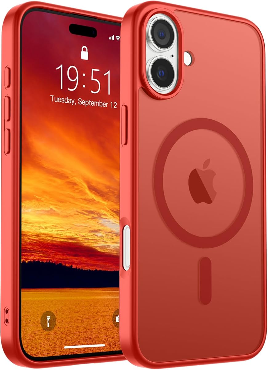 SUPFINE Magnetic for iPhone 16 Case (Compatible with MagSafe) (Military Grade Drop Protection) Slim Translucent Matte Shockproof Phone Cover,Red