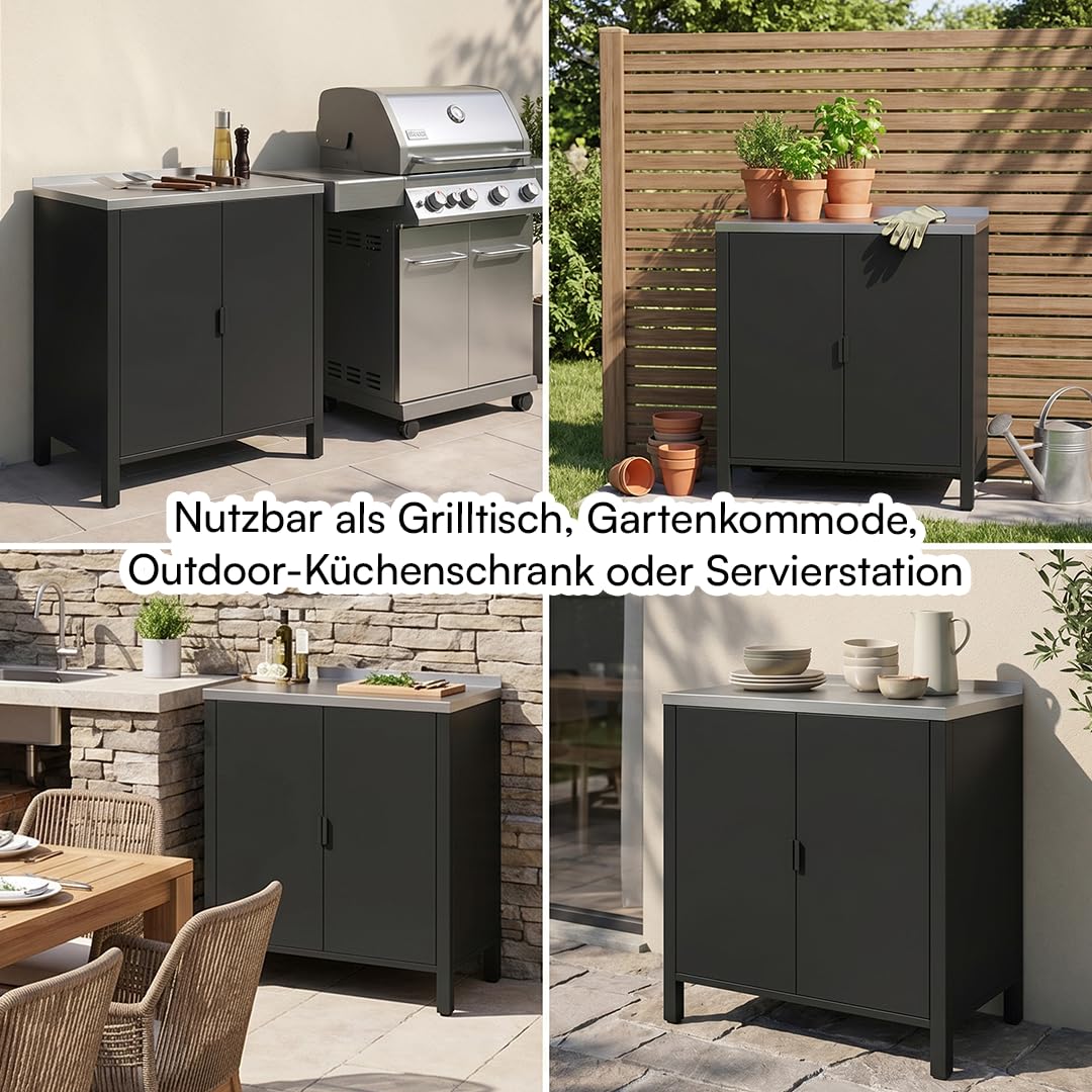 STEELSØN Zephios Gartenschrank 94,5x80x50 cm – Outdoor Küchenschrank mit Edelstahl Arbeitsplatte & 2 Fächern – stabile Kommode aus Metall – Terrassenschrank wetterfest Terrasse/Grillstation, schwarz