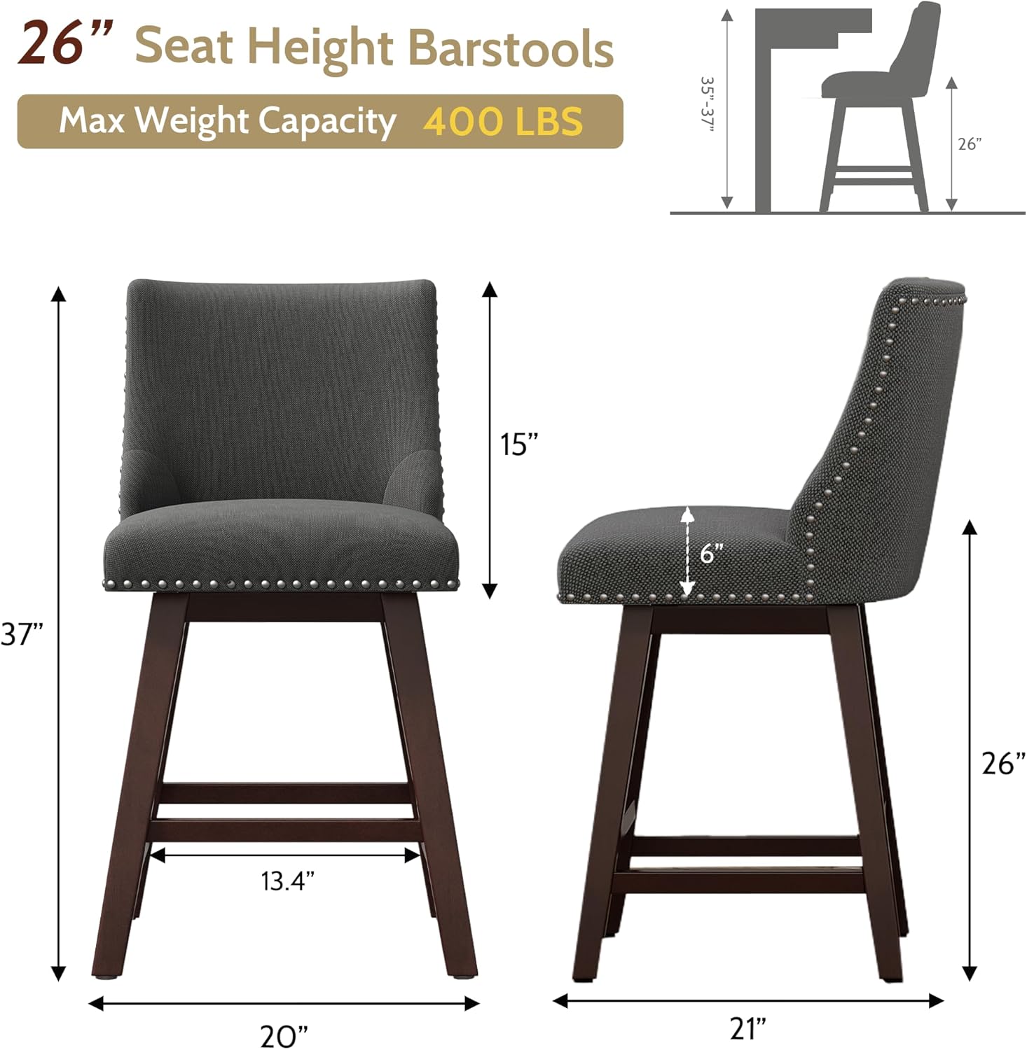 26 Inch Bar Stools Set of 3, Counter Height Swivel Barstools with Back, Solid Wood Legs with Footrest for Kitchen Island (Dark Grey Linen, 3)