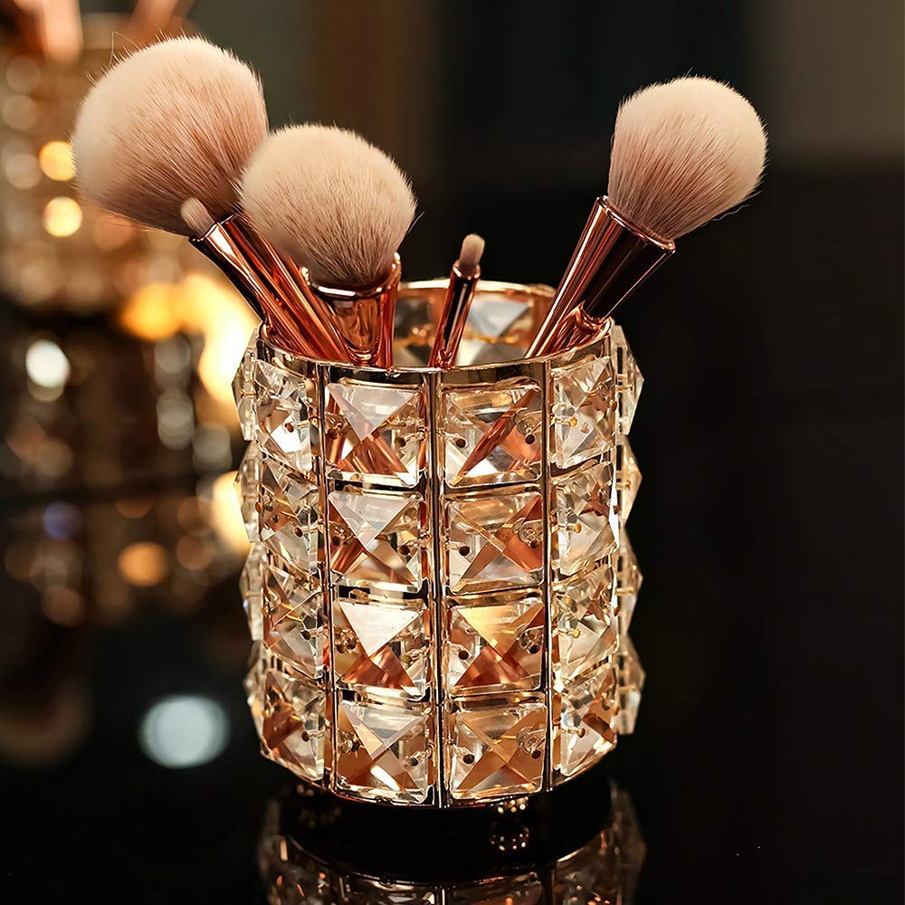 Crystal Makeup Brush Holder Organizer, Rose Gold Bling Cosmetic Storage Cup, 7.8cm Diameter x 11cm Height, for Vanity Bathroom Bedroom Office Desk-image-39