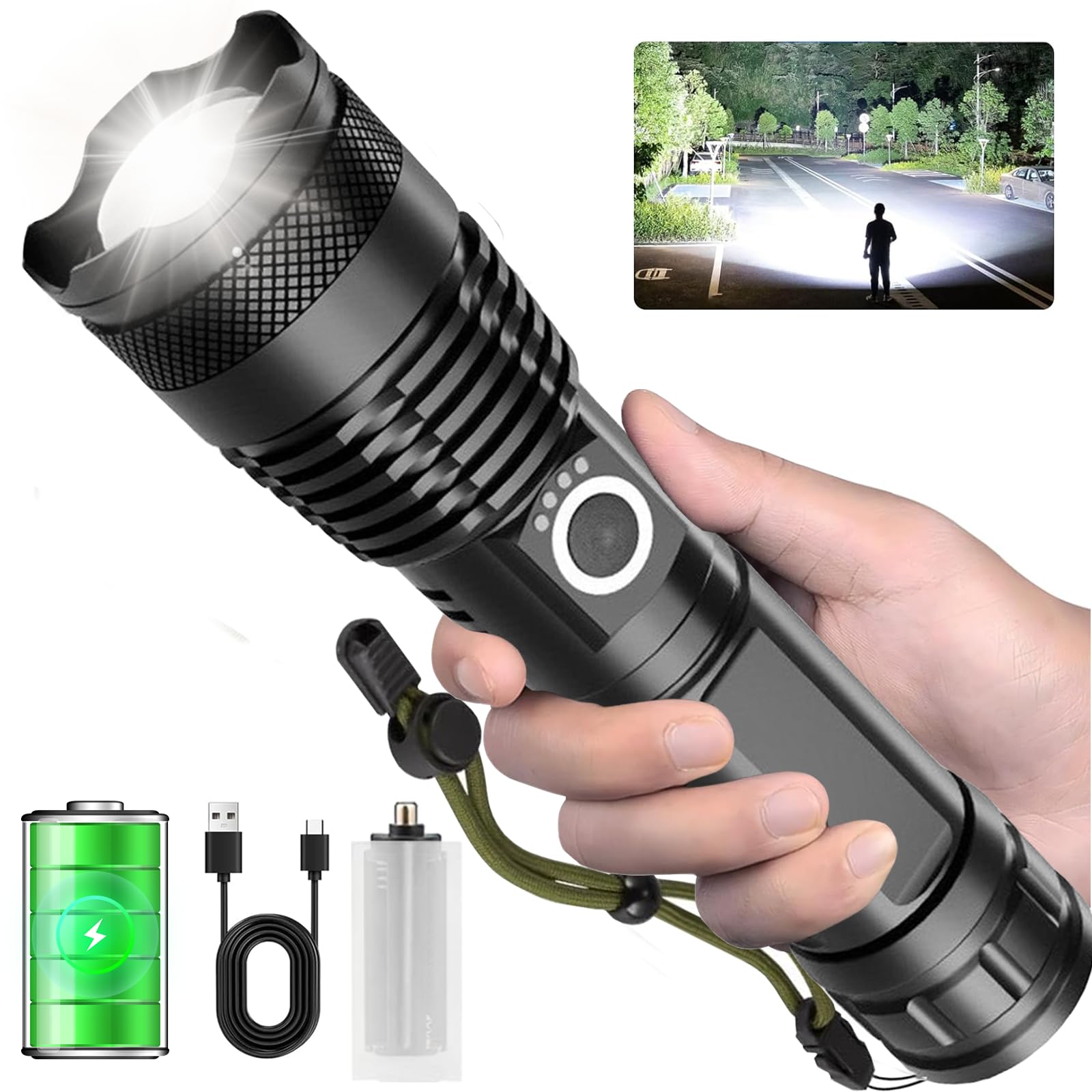Luminex Rechargeable Torch Light High Power, LED Torchlight 10000 Lumens with USB Charging, Powerful Tactical Super Bright Flashlight, Waterproof Long Distance Flash Light for Home Emergency Camping-image-4