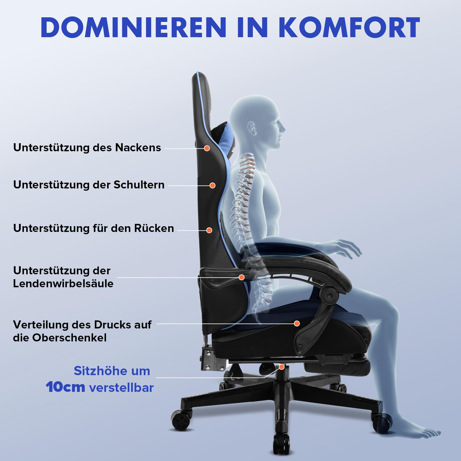 LUCKRACER Fotel gamingowy z podnóżkiem, ergonomiczny, z regulowaną poduszką lędźwiową, poduszka pod głowę, fotel gamingowy, z regulacją wysokości, obciążenie 150 kg, kolor niebieski