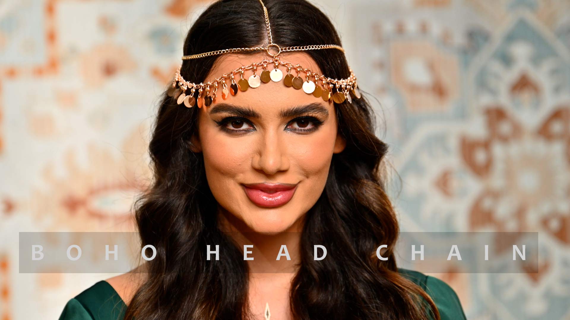 Gold Chain Pearl Hair Scarf | Boho Head Chain | Beach Festival Hair Accessory Bukiro Bohemian Gold Color Hair Chain with Turquoise Beads  main image 3