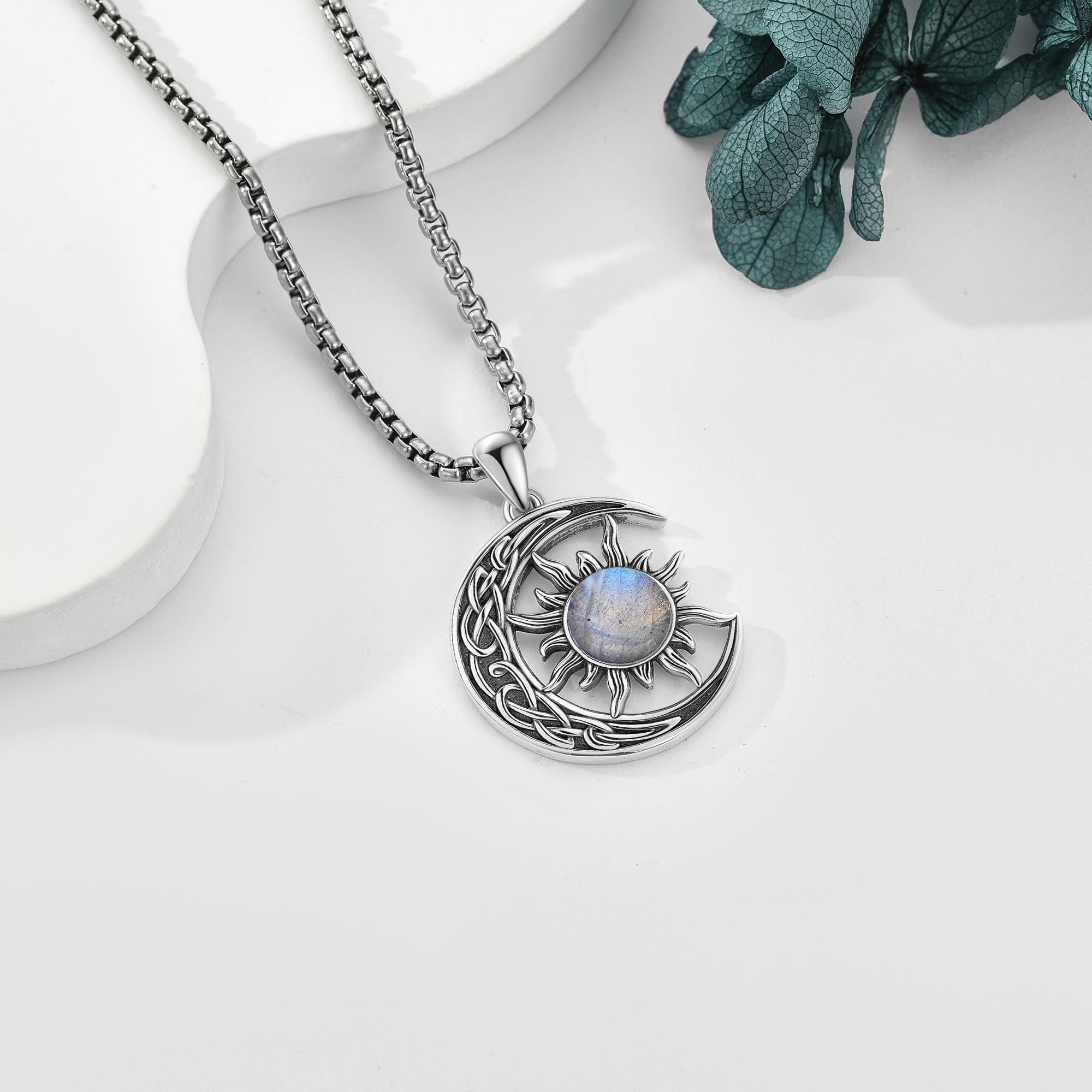 Sonne und Mond Halskette 925 Sterling Silber Labradorit Keltischer Planet Anhänger Halskette Schmuck für Damen