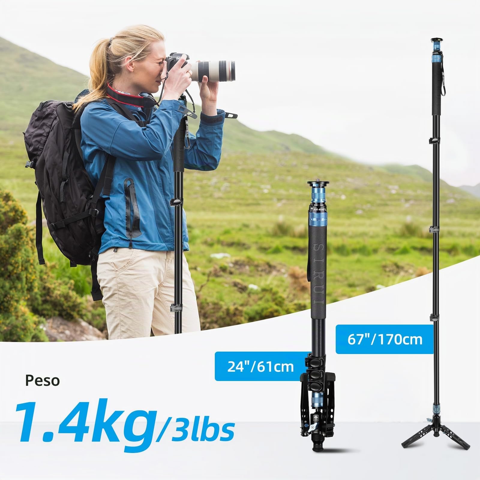 SIRUI AM-404FL Monopiede Video, 190cm Monopiede Fotografico Professionale con Base, Portatile Monopiedes da Viaggio in Alluminio a 4-Sezioni per Fotocamera Reflex, Videocamera, Carico Massimo 12KG