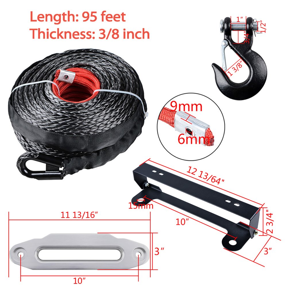 95ft x 3/8 inch 20500LBs Synthetic Winch Rope Heat Guard + 10 inch Chrome Hawse Fairlead with 4 Mounting Hole 254mm Flip-Up License Plate Holder + Grade 70 Steel Hook