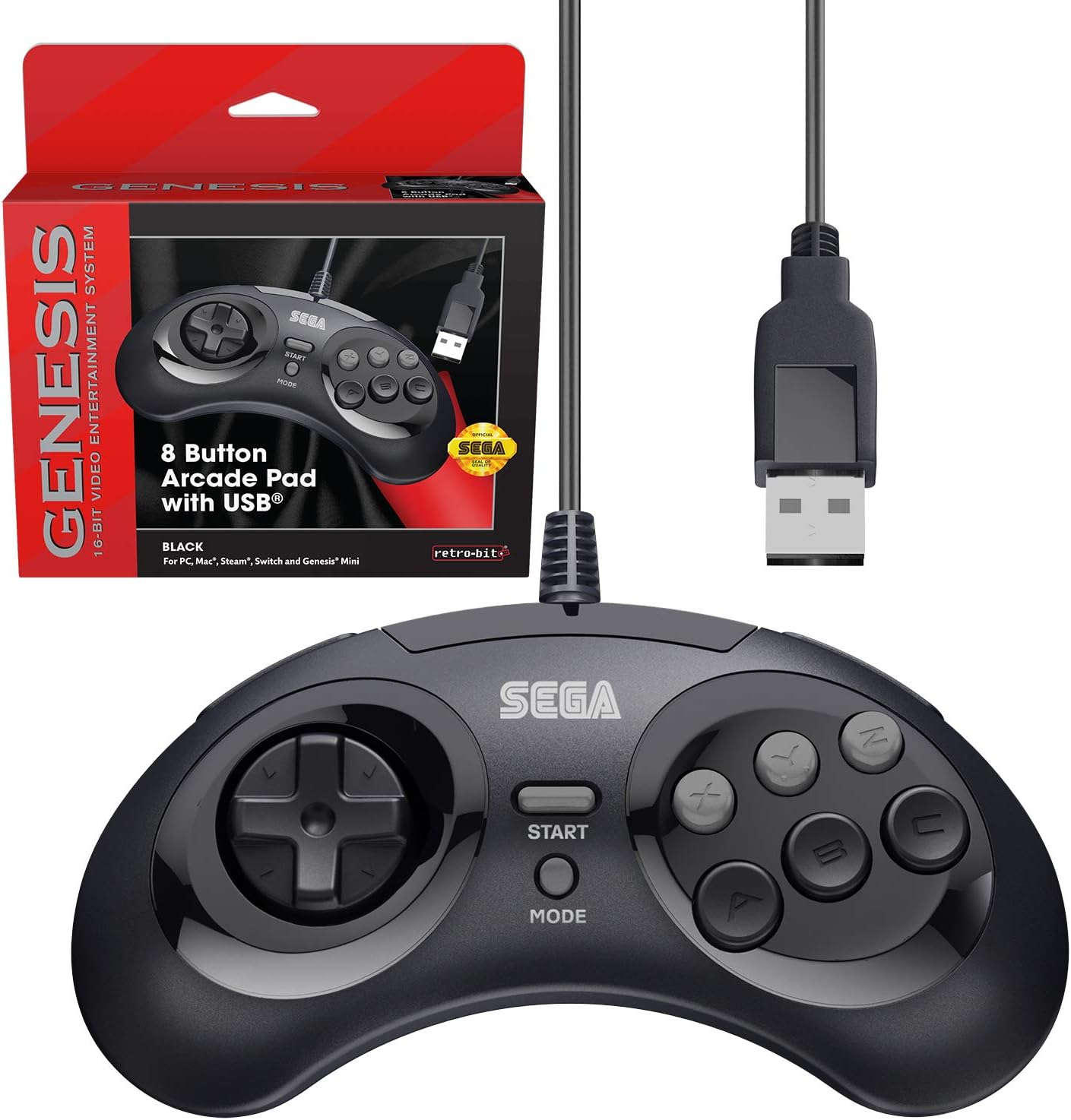 Retro-Bit Official Sega Genesis USB Controller 8-Button Arcade Pad for Sega Genesis Mini, Nintendo Switch, PC, Mac, Steam, RetroPie, Raspberry Pi - USB Port - Black