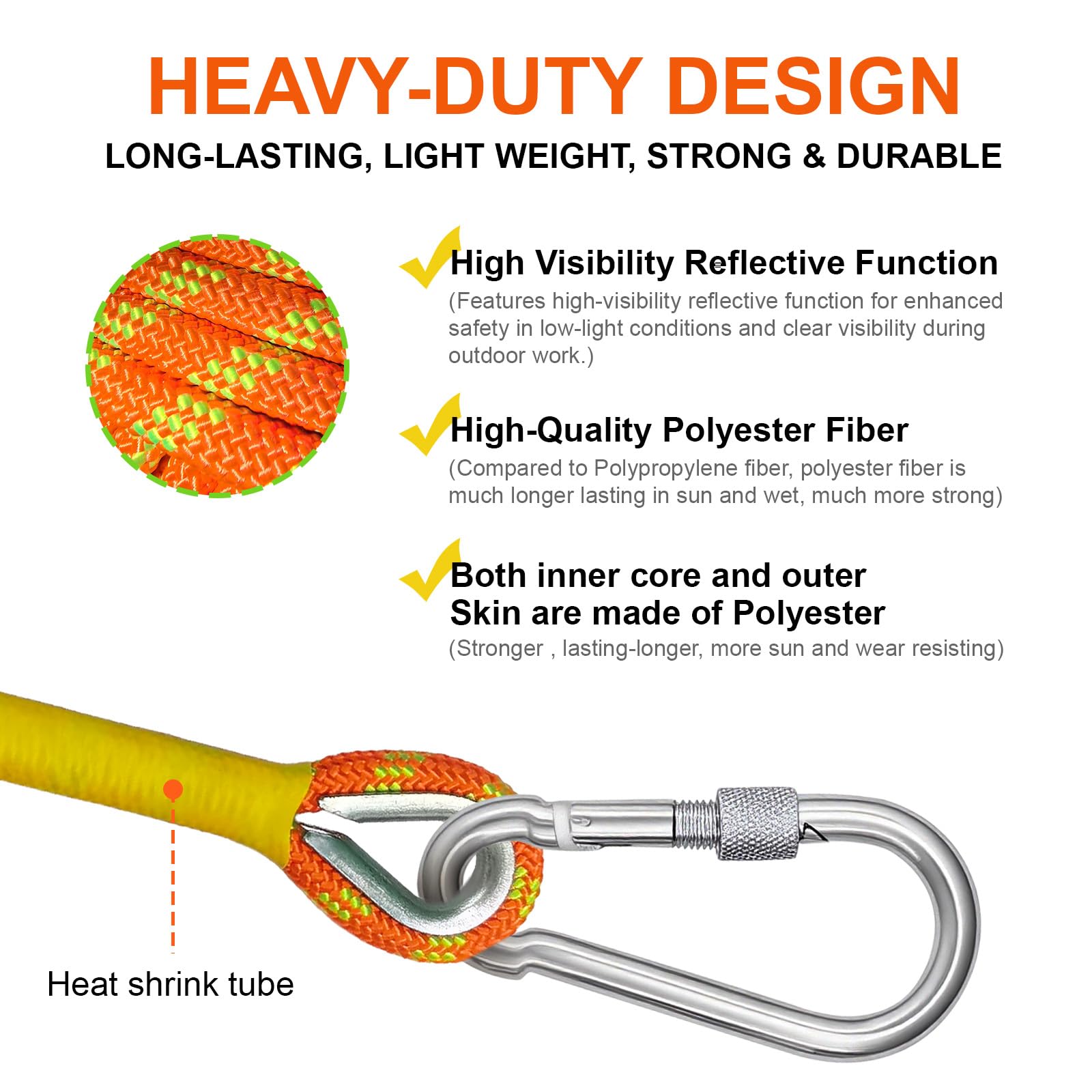 Corde d'escalade statique 10m 12mm avec 2 mousquetons acier certification UIAA orange réfléchissante