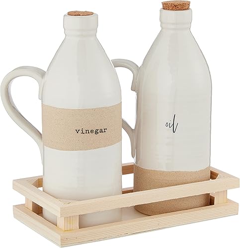 Mud Pie Juego de aceite y vinagre de gres, decantador 8" x 3" caja 1 12" x 7", blanco