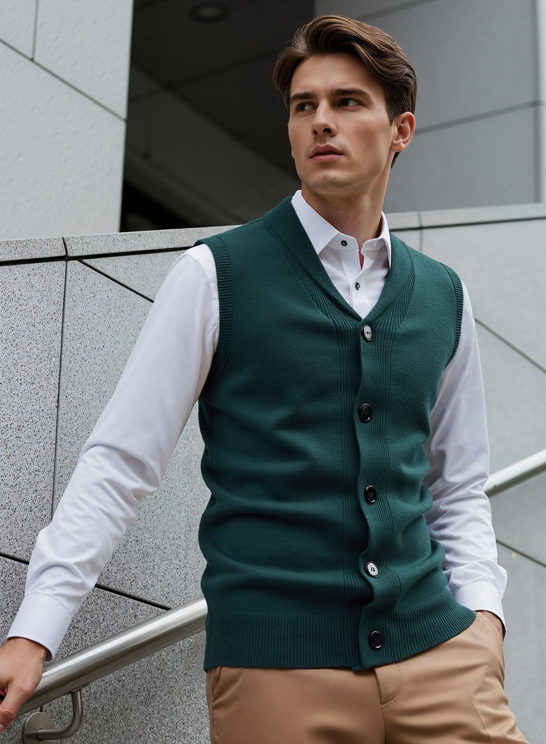 Gilet da Uomo Collo a Scialle Maglione Classico Maglia Cardigan Senza Maniche Maglieria con Bottone