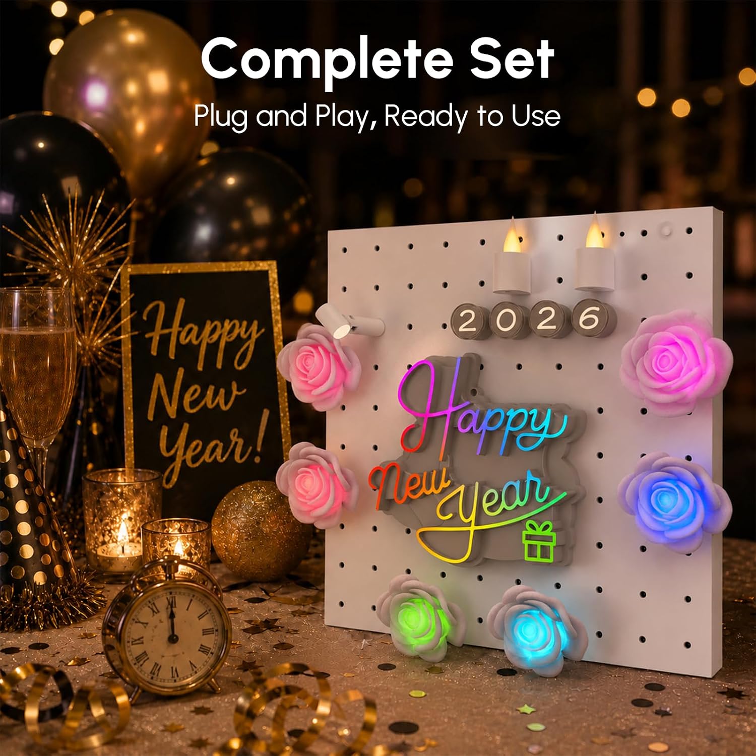New Year Light Up Letters Sign Board Set with Base, 10 Universal Letters, 2 LED Candle Lights, 6 Flower Lights, 1 Spot Light, Remote Control, DIY Luminous Display for New Year Party Decoration Indoor Outdoor image 3