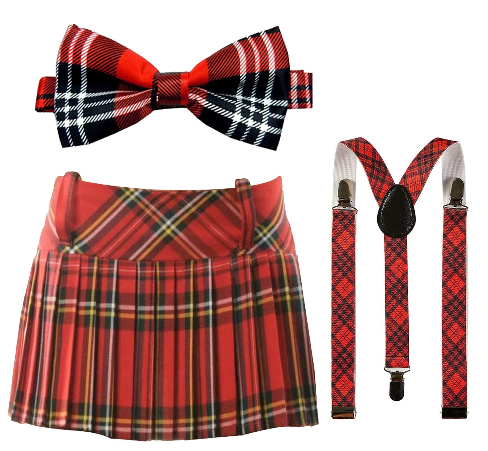 labreeze Scottish Red Tartan Pleated Skirt Bow Tie Braces Burns Night School Girls Fancy Dress (UK 12)