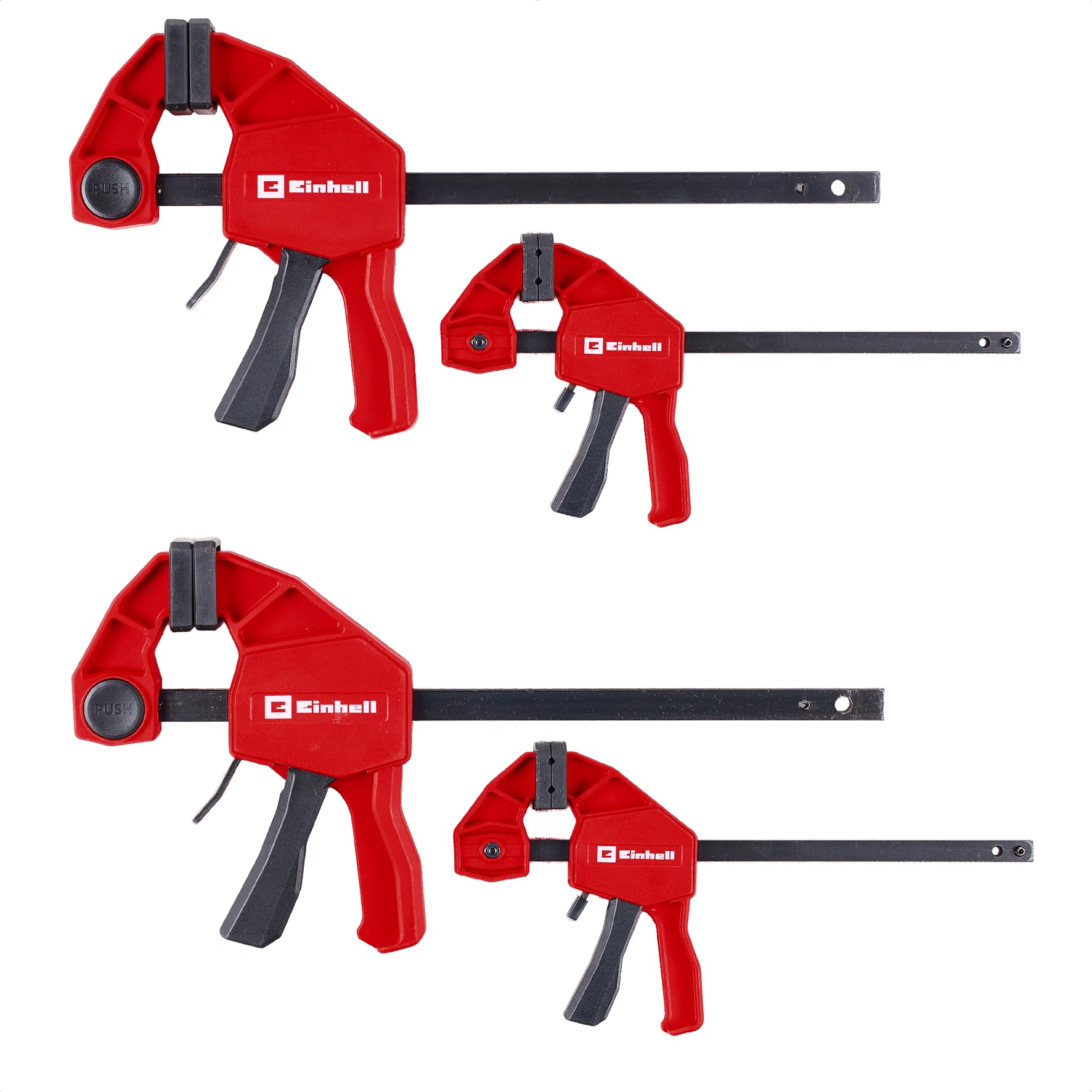 Einhell Einhandzwingen-Set 2 x 100 mm, 2 x 150 mm (Schnelllösegriff, 100/150 mm Spannweite, 20/60 kg Spannkraft, Spreizfunktion, Ausladung, werkzeugfreier Umbau)