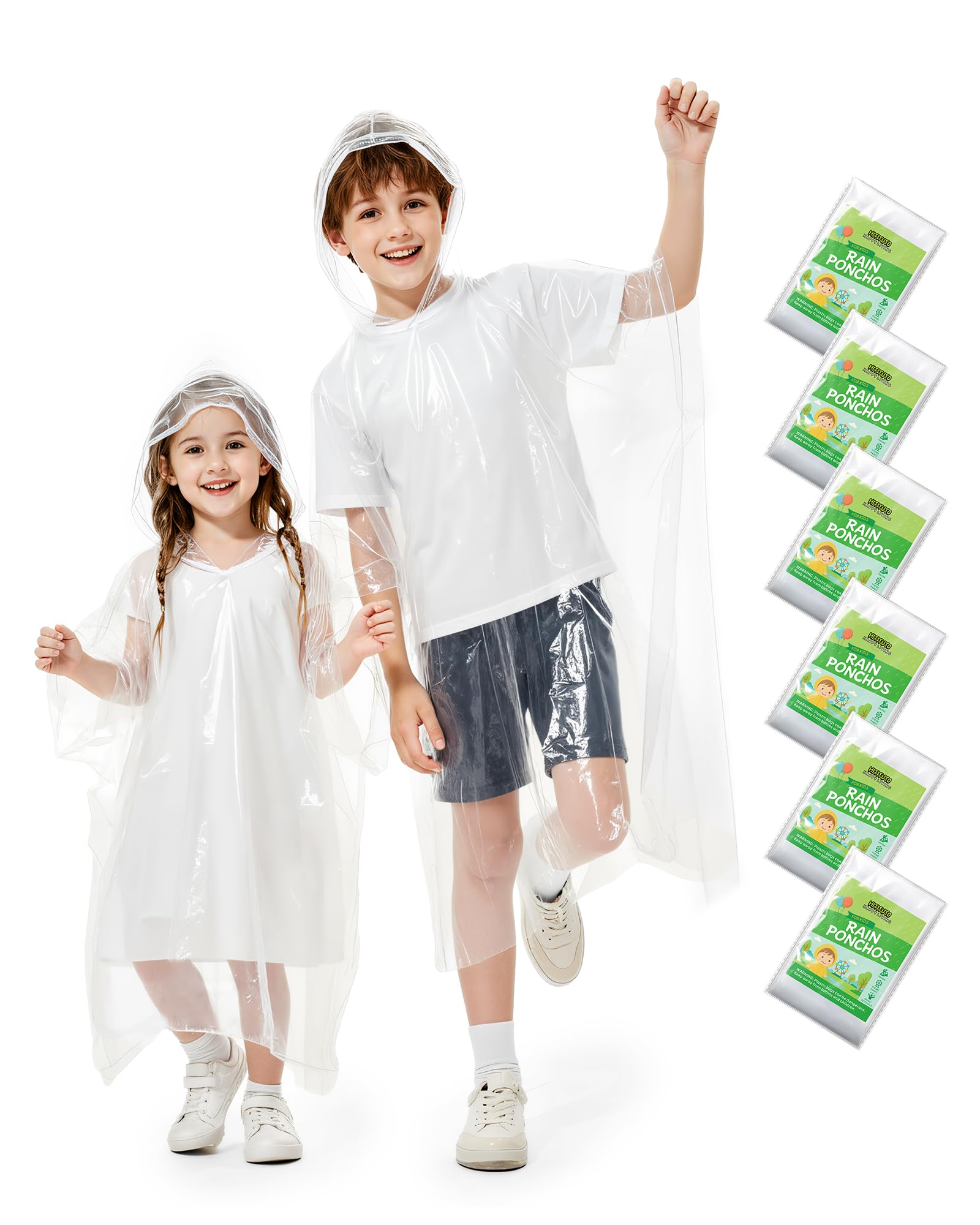 Hitituto Rain Ponchos Family Pack Kids– 6/12/24 Pack Disposable Poncho with Hood, Clear &amp; Assorted Colors, Home Survival Kits