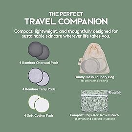 Greenzla Reusable Makeup Remover Pads Travel Set - 12 Pack Microfiber Cotton Pads, Dark Charcoal Cotton Rounds, and Bamboo Terry Face Wipes for All Skin Types with Mesh Laundry Bag and Travel Pouch